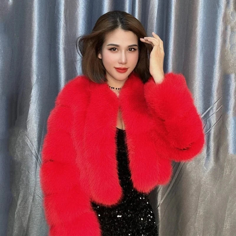 V-Neck Faux Fox Fur Coat - Long Sleeve Winter Jacket | Wahooly V-Neck Faux Fox Fur Coat - Long Sleeve Winter Jacket for Women