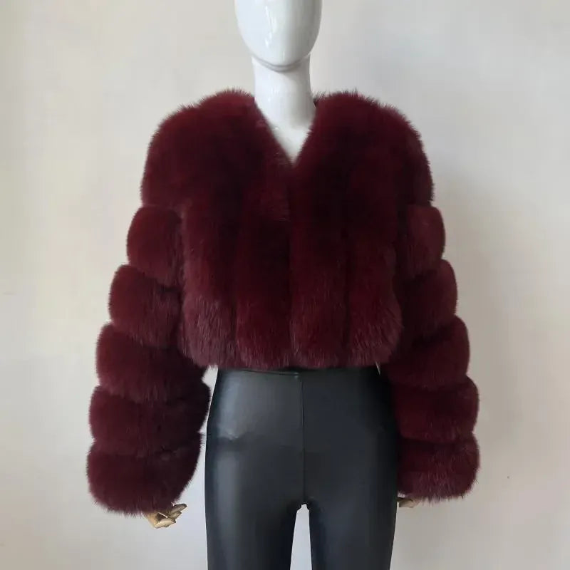 V-Neck Faux Fox Fur Coat - Long Sleeve Winter Jacket | Wahooly V-Neck Faux Fox Fur Coat - Long Sleeve Winter Jacket for Women