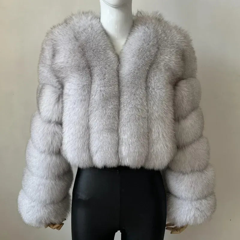 V-Neck Faux Fox Fur Coat - Long Sleeve Winter Jacket | Wahooly V-Neck Faux Fox Fur Coat - Long Sleeve Winter Jacket for Women