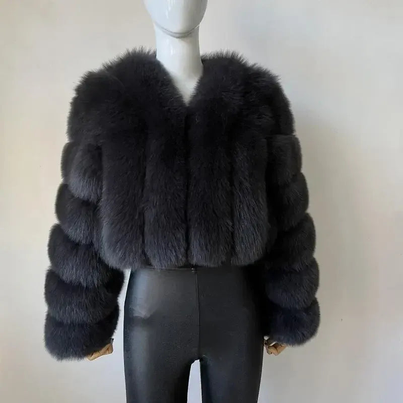 V-Neck Faux Fox Fur Coat - Long Sleeve Winter Jacket | Wahooly V-Neck Faux Fox Fur Coat - Long Sleeve Winter Jacket for Women