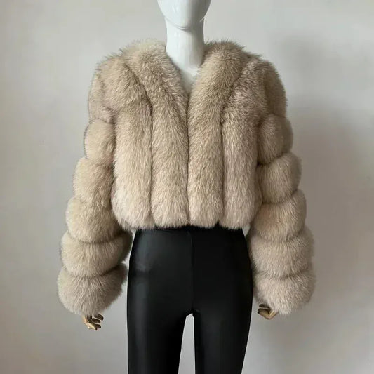 V-Neck Faux Fox Fur Coat - Long Sleeve Winter Jacket | Wahooly V-Neck Faux Fox Fur Coat - Long Sleeve Winter Jacket for Women