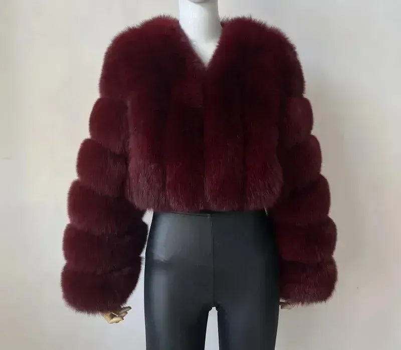V-Neck Faux Fox Fur Coat - Long Sleeve Winter Jacket | Wahooly V-Neck Faux Fox Fur Coat - Long Sleeve Winter Jacket for Women