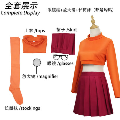 Velma Anime Cosplay Costume Set – Orange Uniform | Sizes XS–XXXL Velma Anime Cosplay Costume Set – Orange Uniform with Skirt & Socks | Sizes XS–XXXL