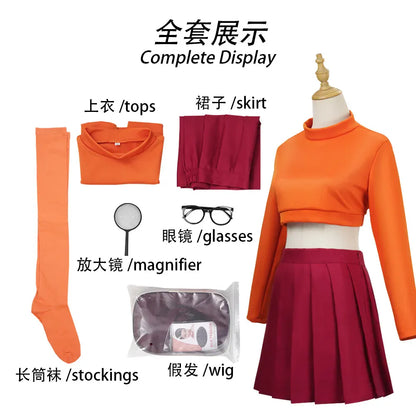 Velma Anime Cosplay Costume Set – Orange Uniform | Sizes XS–XXXL Velma Anime Cosplay Costume Set – Orange Uniform with Skirt & Socks | Sizes XS–XXXL