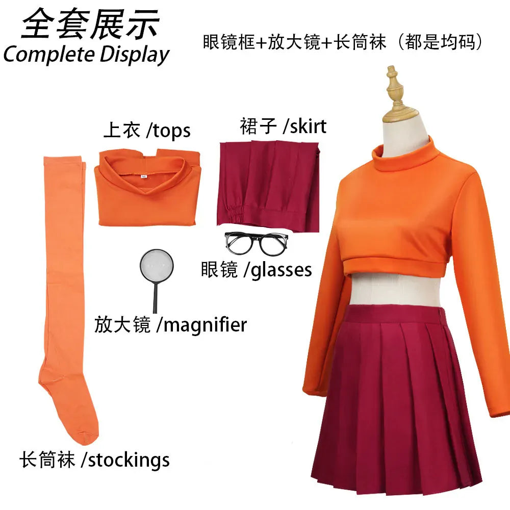 Velma Anime Cosplay Costume Set – Orange Uniform | Sizes XS–XXXL Velma Anime Cosplay Costume Set – Orange Uniform with Skirt & Socks | Sizes XS–XXXL