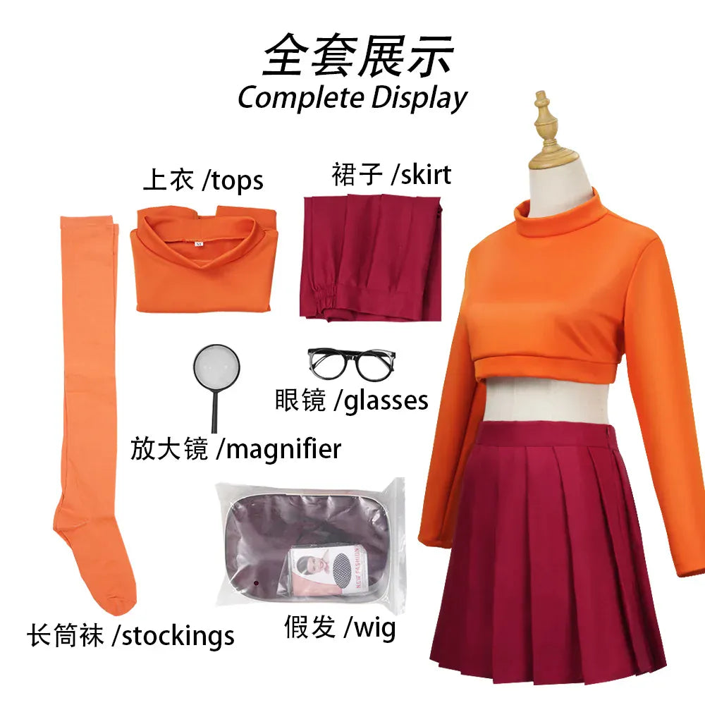 Velma Anime Cosplay Costume Set – Orange Uniform | Sizes XS–XXXL Velma Anime Cosplay Costume Set – Orange Uniform with Skirt & Socks | Sizes XS–XXXL