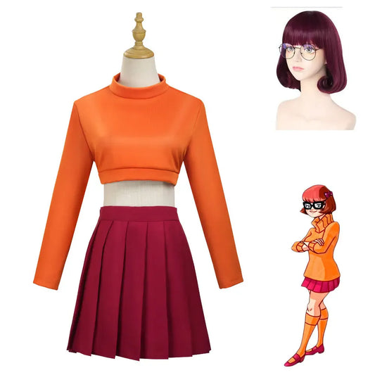 Velma Anime Cosplay Costume Set – Orange Uniform | Sizes XS–XXXL Velma Anime Cosplay Costume Set – Orange Uniform with Skirt & Socks | Sizes XS–XXXL