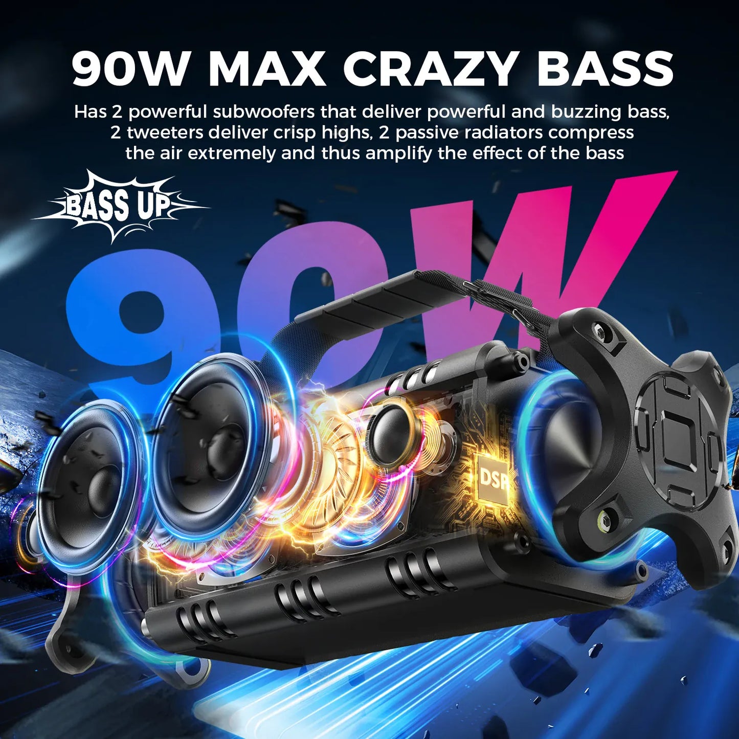 W-KING D8 90W Bluetooth Speaker IPX6 Waterproof | Wahooly W-KING D8 Bluetooth Speaker — 90W Booming Bass, IPX6 Waterproof, 40-Hour Playtime
