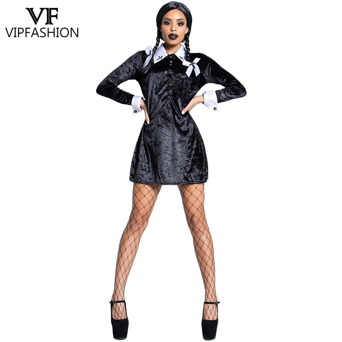 Wednesday Addams Gothic Velvet Costume – Black Medieval Dress | Sizes S–XL Wednesday Addams Velvet Gothic Costume – Black Medieval Dress with Cosplay Wig | Sizes S–XL