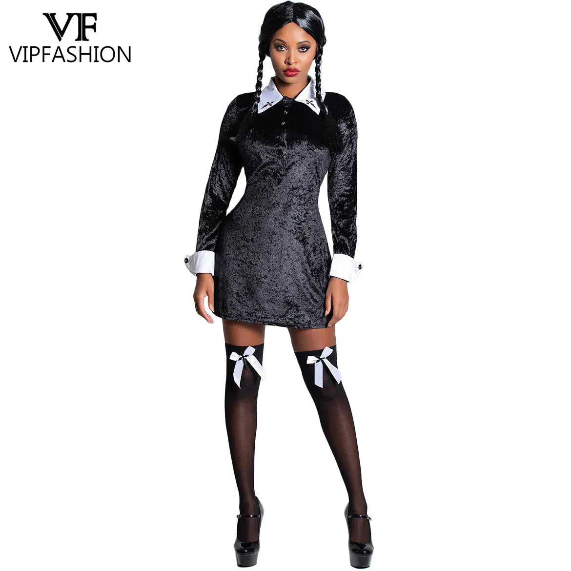 Wednesday Addams Gothic Velvet Costume – Black Medieval Dress | Sizes S–XL Wednesday Addams Velvet Gothic Costume – Black Medieval Dress with Cosplay Wig | Sizes S–XL