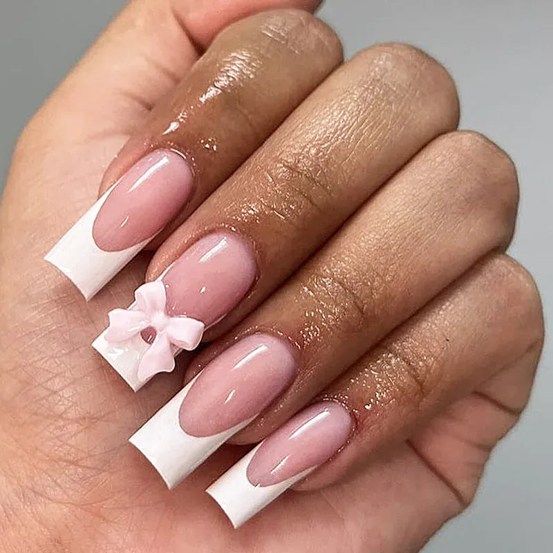 White French Press on Nails 3D Bowknot Fake Nails Tips Full Cover Wearable False Nails for Women and Girls DIY Manicure 24Pcs White French Press on Nails 3D Bowknot Fake Nails Tips Full Cover Wearable False Nails for Women and Girls DIY Manicure 24Pcs