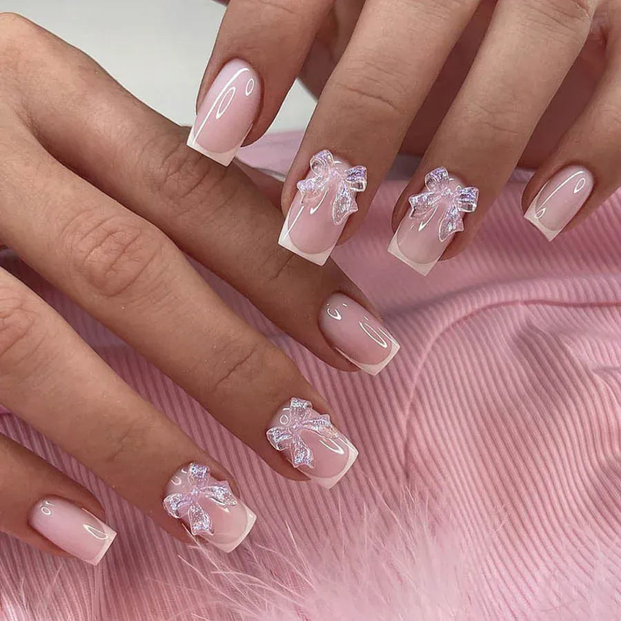 White French Press on Nails 3D Bowknot Fake Nails Tips Full Cover Wearable False Nails for Women and Girls DIY Manicure 24Pcs White French Press on Nails 3D Bowknot Fake Nails Tips Full Cover Wearable False Nails for Women and Girls DIY Manicure 24Pcs