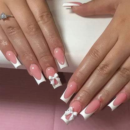 White French Press on Nails 3D Bowknot Fake Nails Tips Full Cover Wearable False Nails for Women and Girls DIY Manicure 24Pcs White French Press on Nails 3D Bowknot Fake Nails Tips Full Cover Wearable False Nails for Women and Girls DIY Manicure 24Pcs