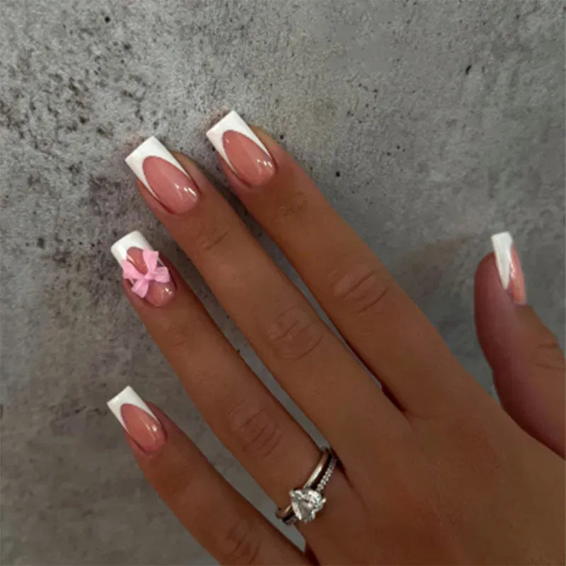 White French Press on Nails 3D Bowknot Fake Nails Tips Full Cover Wearable False Nails for Women and Girls DIY Manicure 24Pcs White French Press on Nails 3D Bowknot Fake Nails Tips Full Cover Wearable False Nails for Women and Girls DIY Manicure 24Pcs