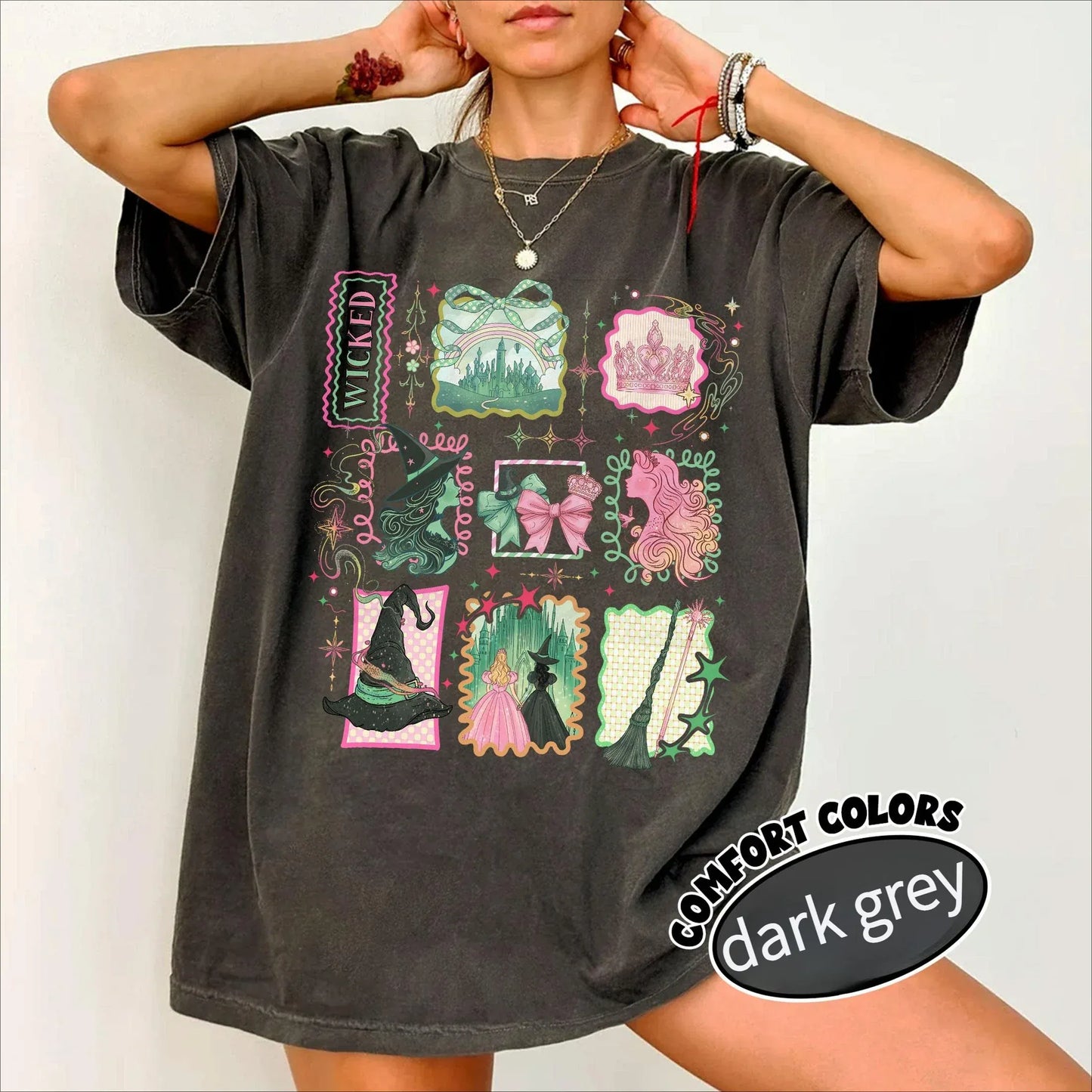 WICKED "Witch Princess Retro Collage Printed Sweet Cool Style" Wicked Witch "Theme Loose Short Sleeved Women's T-shirt WICKED "Witch Princess Retro Collage Printed Sweet Cool Style" Wicked Witch "Theme Loose Short Sleeved Women's T-shirt