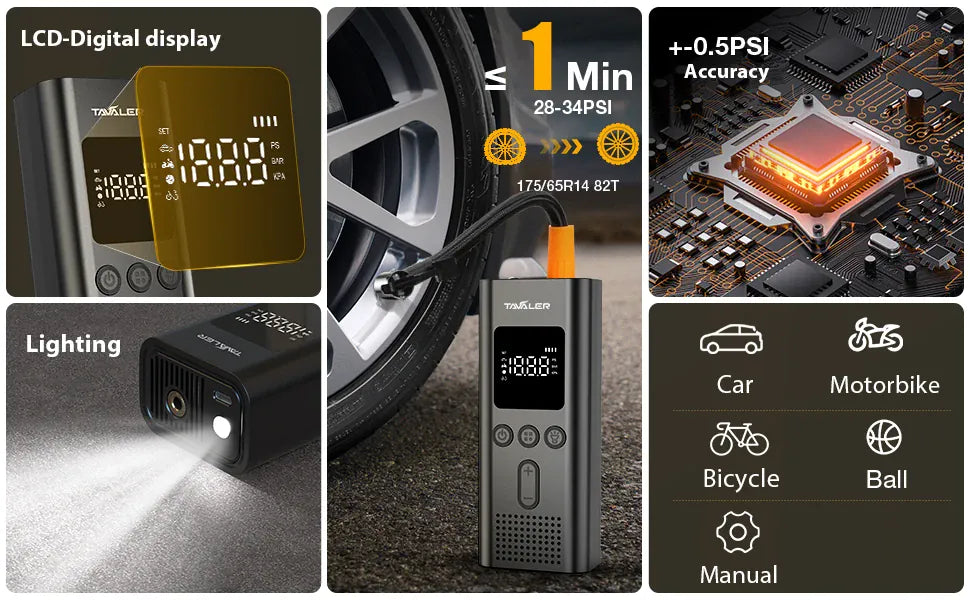 Wireless Portable Tire Inflator 150PSI – Cordless Air Compressor with LCD | Wahooly Wireless Portable Tire Inflator – 150PSI Cordless Air Compressor with LCD & LED Light