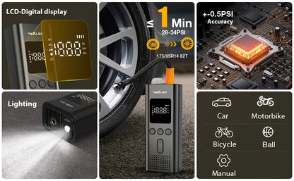 Wireless Portable Tire Inflator 150PSI – Cordless Air Compressor with LCD | Wahooly Wireless Portable Tire Inflator – 150PSI Cordless Air Compressor with LCD & LED Light