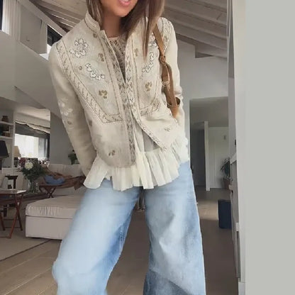 Women's Floral Embroidered Jacket | Shop Wahooly Women's Floral Embroidered Cropped Jacket | Stand Collar