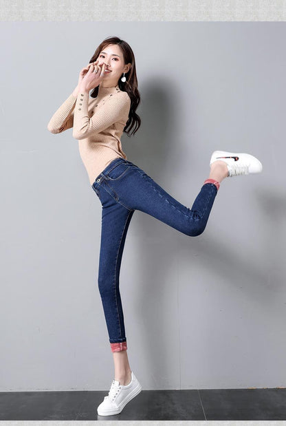 Women's High Waist Fleece-Lined Slim Jeans | Warm Pencil Pants Sizes 25–32 Women's High Waist Fleece-Lined Slim Jeans – Warm, Stretchy Pencil Pants