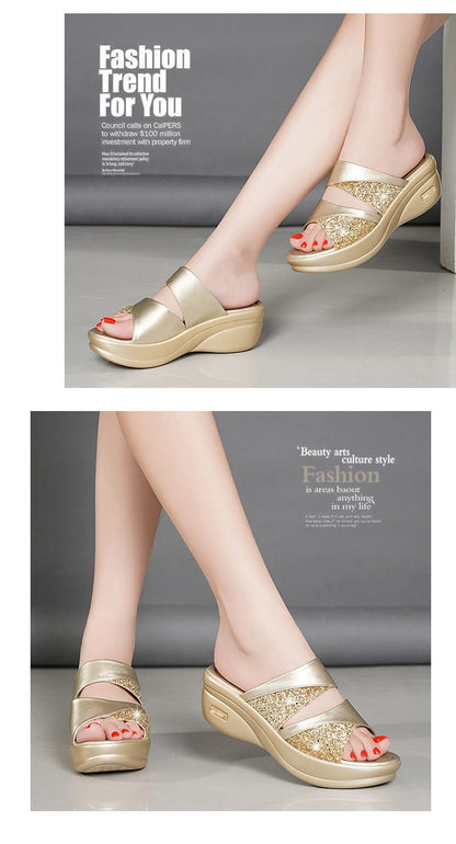 Women's Platform Wedge Sandals | Open Toe Thick Sole Summer Shoes – Sizes 35–43 Women's Platform Wedge Sandals – Open Toe Thick Sole Summer Shoes | Gray & Gold