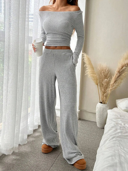 Women's Ribbed Two-Piece Pants Set | Shop Wahooly Women's Solid-Color Ribbed Loose-Fit Crew-Neck Top and Pocketed Wide-Leg Pants Set