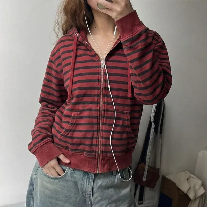 Women's Y2K Striped Zip-Up Hoodie | Shop Wahooly Women's Y2K Striped Zip-Up Hoodie with Pockets