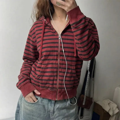 Women's Y2K Striped Zip-Up Hoodie | Shop Wahooly Women's Y2K Striped Zip-Up Hoodie with Pockets